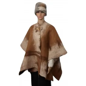 Châle poncho ruana pour femmes - brun cuivré et creme - 100% alpaga naturel feutré
