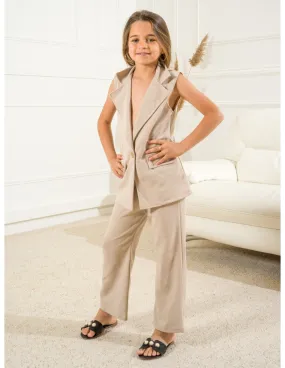 ENSEMBLE BLAZER SANS MANCHE-PANTALON - BEIGE / FILLE 4 À 14 ANS